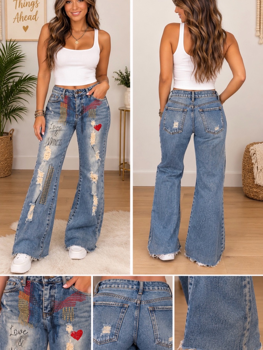 Embroidered Distressed Wide-Leg Jeans - Blue